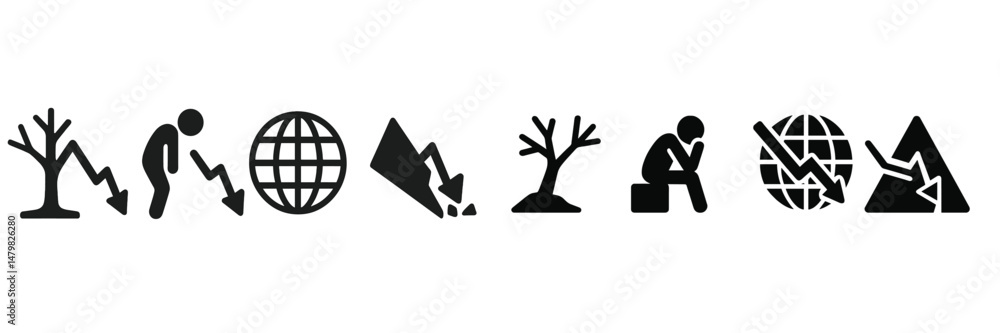 Poster collection of web icons depicting environmental issues and human impacts on nature