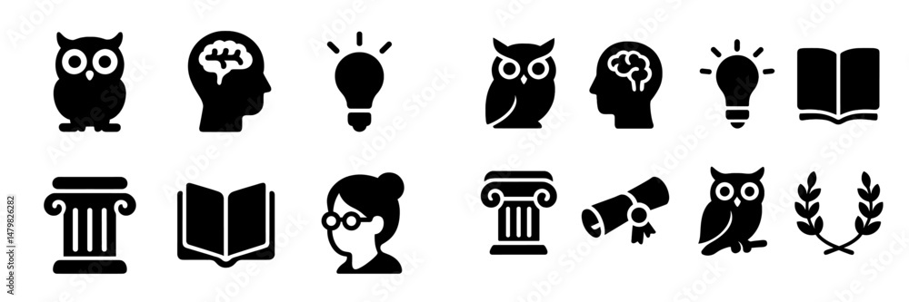 Poster collection of black web icons representing education, knowledge, and wisdom in a minimalist design s