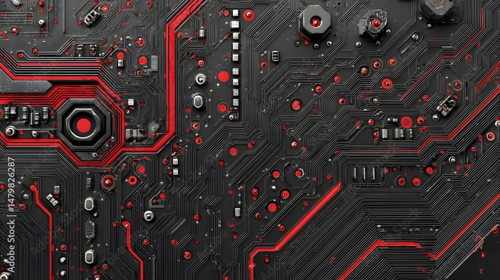 Poster close-up view of a computer motherboard displaying intricate components and electronic design