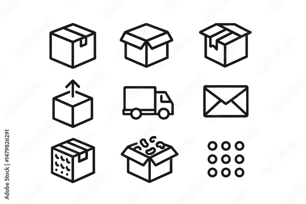 Poster Web icons representing packaging, delivery, and communication in minimalistic design for digital applications