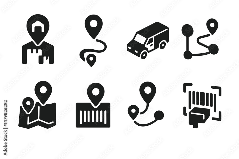 Poster set of web icons featuring location markers, vehicles, and mapping elements for navigation and deliv