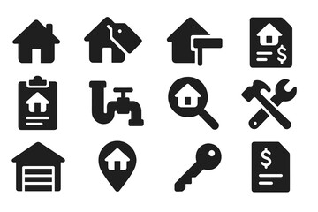 Collection of web icons representing home services, real estate, and property management for digital applications