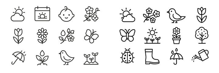 Fototapeta premium Collection of minimal line web icons representing nature, seasons, and outdoor activities for user interface design