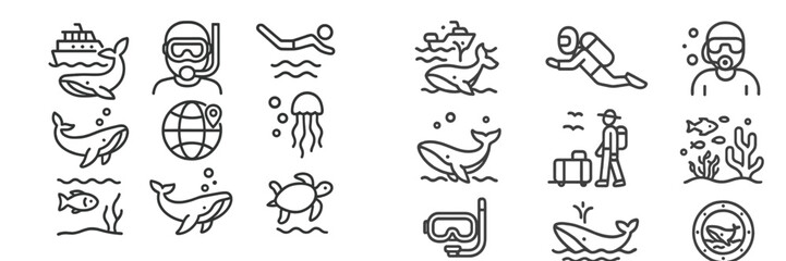 Fototapeta na wymiar Collection of web icons representing marine activities, wildlife, and underwater exploration experiences