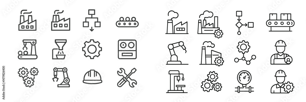 Poster collection of industrial web icons showcasing factory and machinery elements for digital design proj