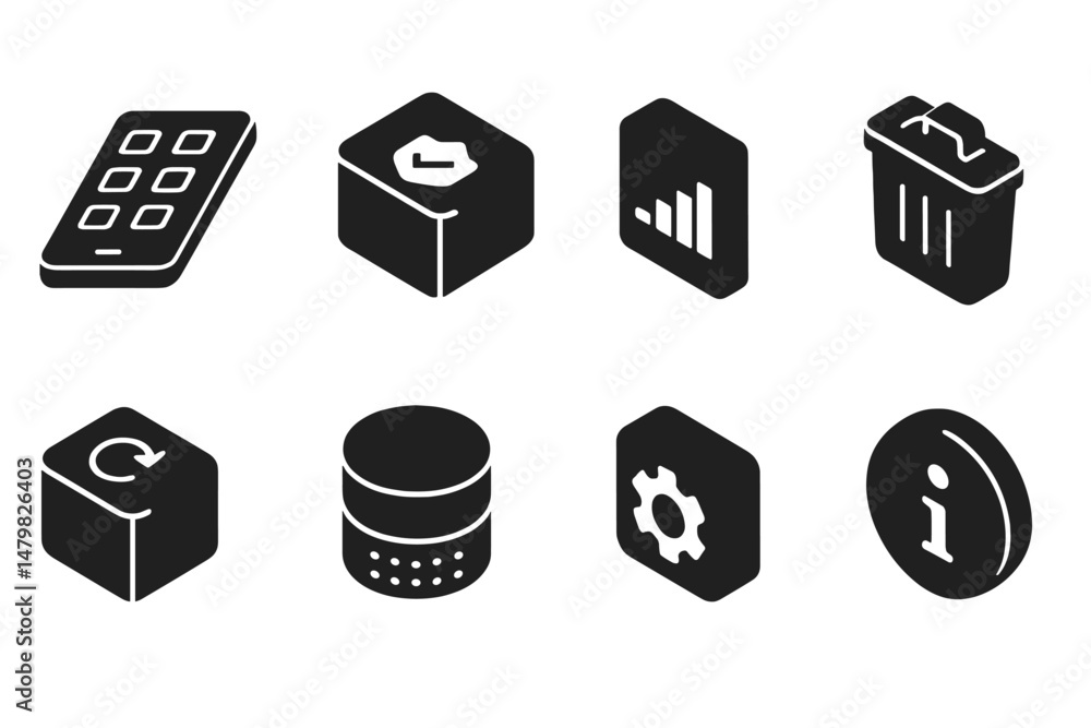 Poster set of black web icons representing mobile technology, data management, and user interface elements 