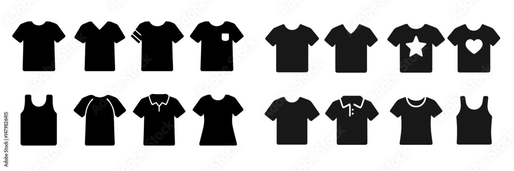 Fototapete collection of black web icons representing various styles of t-shirts and tank tops for digital desi