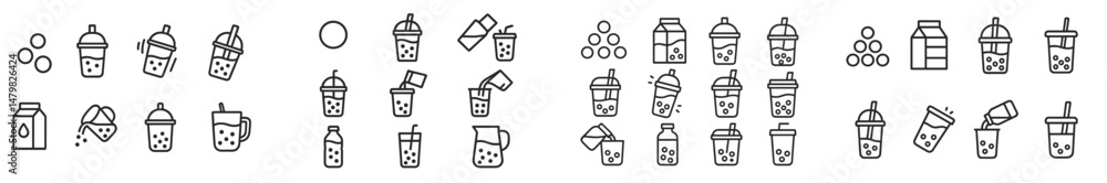 Poster collection of web icons featuring various drinks, containers, and beverage elements in minimalist de