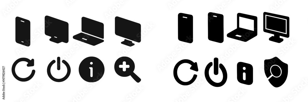 Poster set of black web icons depicting various devices and ui elements for digital usage and design