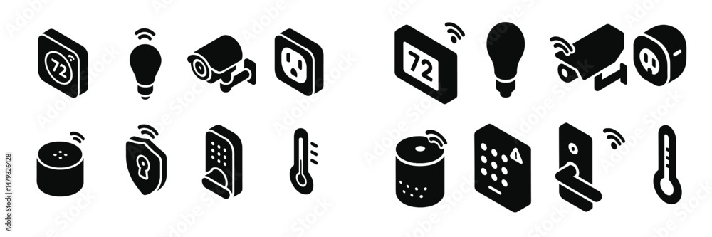 Poster collection of black web icons representing smart home devices and security features for modern livin