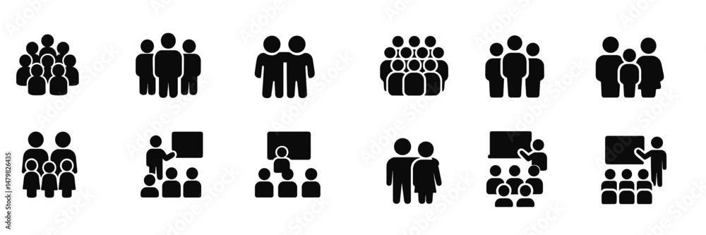 Fototapete Web icons depicting various group activities, gatherings, and interactions suitable for digital design projects and applications