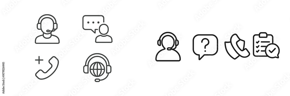 Poster set of web icons illustrating various customer support and communication tools for online assistance