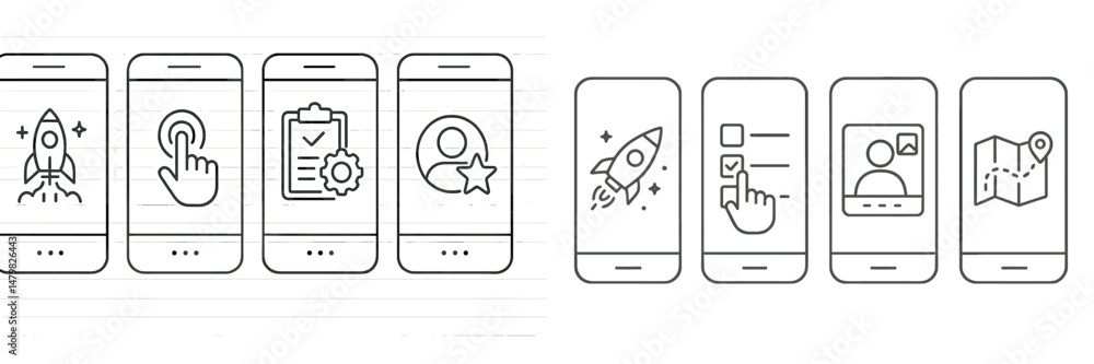 Poster set of web icons representing various digital activities and user interactions on mobile devices