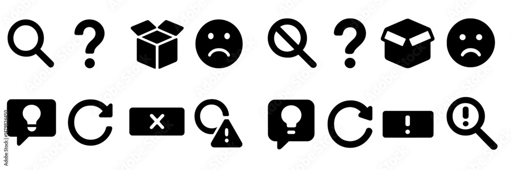 Poster collection of black web icons representing various functions and emotions for digital interface use