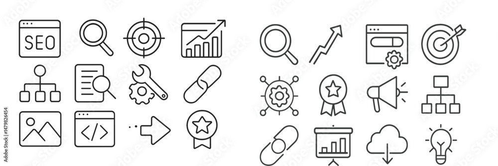 Poster set of web icons featuring design elements for digital marketing, analytics, and search engine optim