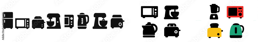 Poster collection of black and colorful web icons representing various kitchen appliances for digital use