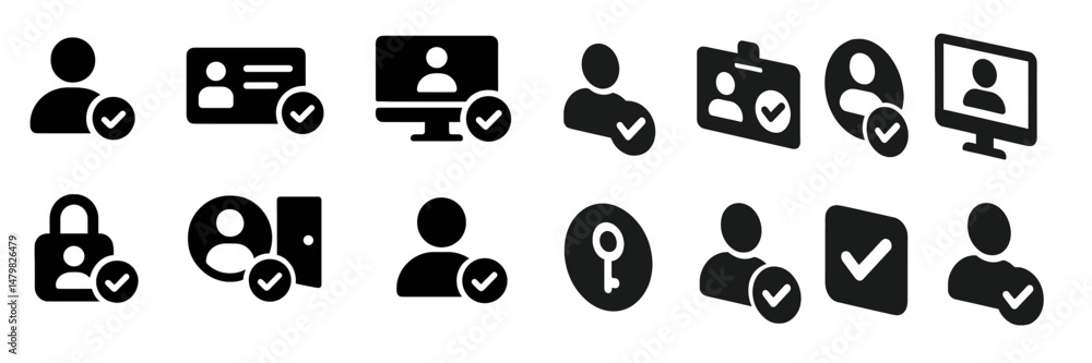 Poster collection of web icons illustrating user authentication and verification concepts for digital appli