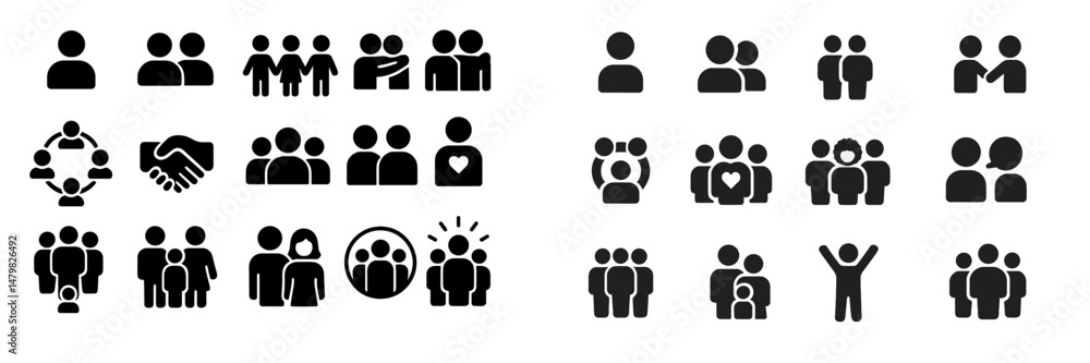 Poster collection of diverse web icons representing social interactions and relationships among people in v