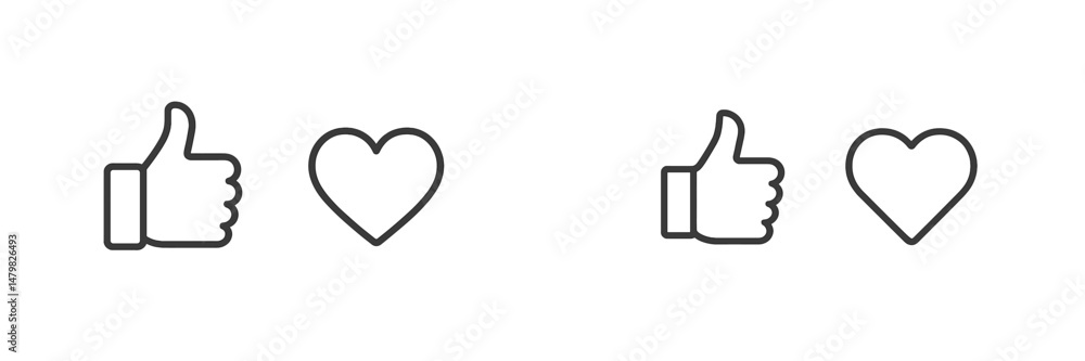 Poster set of minimal web icons depicting a thumbs up and heart in black line style for engagement and inte
