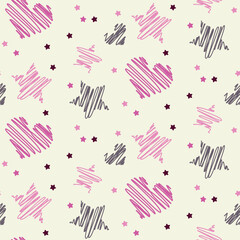 Title: Playful hand-drawn hearts and stars seamless pattern in pink, grey, and cream tones, perfect for fabric, wrapping, and digital backgrounds