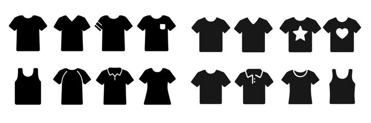 Collection of black web icons representing various styles of t-shirts and tank tops for digital design projects and applications
