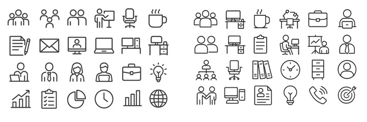 Collection of web icons representing various office activities and communication tools for digital projects and teamwork