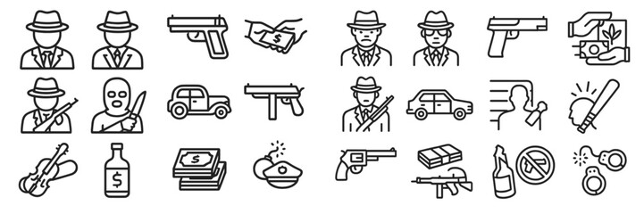 Collection of web icons featuring crime, detective themes, and illicit activities presented in minimalistic line art style