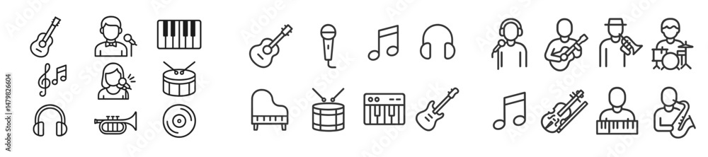 Poster Collection of web icons representing various musical instruments and activities for digital design projects