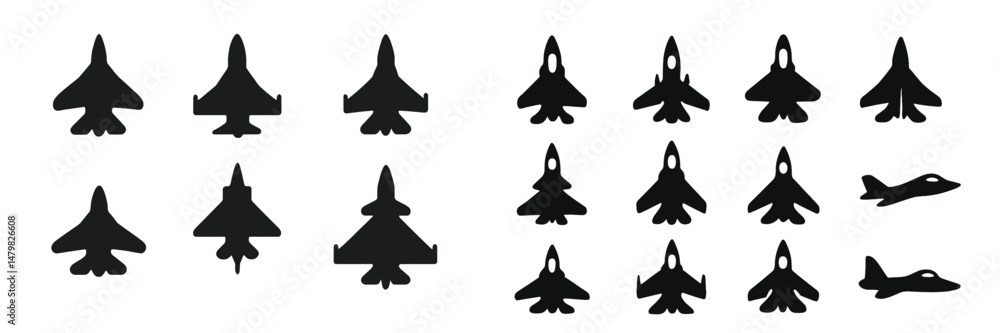 Poster set of black web icons representing various types of aircraft for digital design