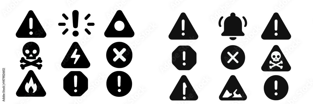 Poster Collection of web icons depicting warning symbols and alerts for various hazards and notifications