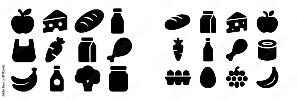 Poster stylized set of web icons representing various food items and groceries for digital use in modern ap
