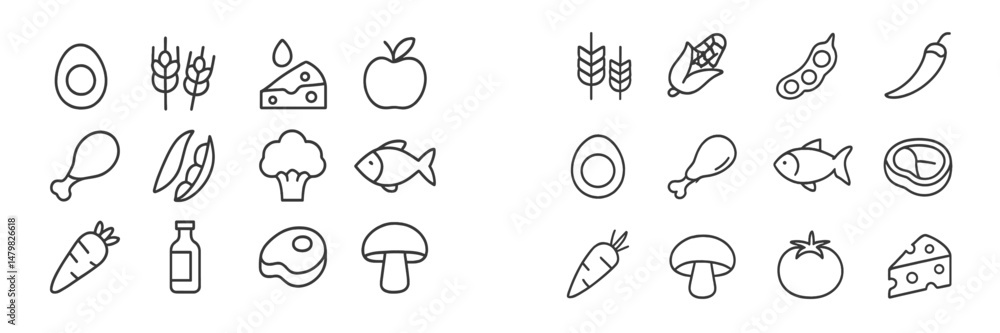 Poster collection of web icons featuring various food items and ingredients for modern design projects