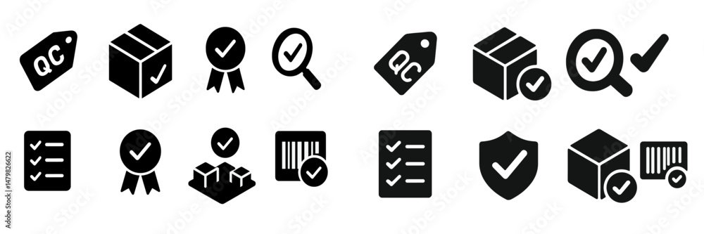 Poster variety of web icons representing quality control, packaging, and certification processes for digita