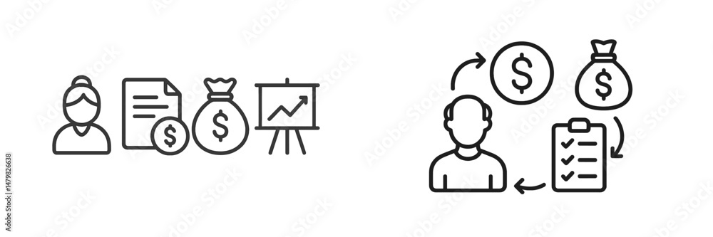 Poster collection of web icons illustrating finance management, data analysis, and budgeting concepts