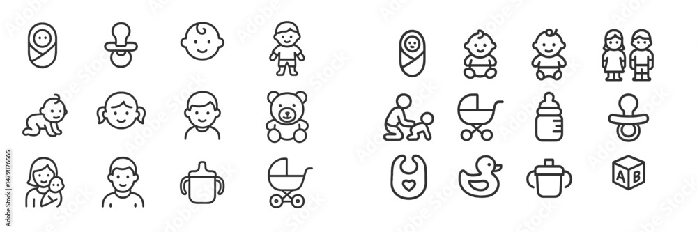 Poster collection of web icons representing various aspects of childhood and parenting in a modern design s
