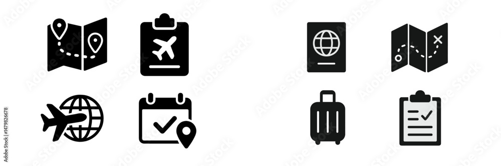 Poster Collection of travel-related web icons designed for digital platforms and applications focused on planning and tourism
