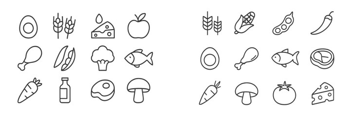 Collection of web icons featuring various food items and ingredients for modern design projects