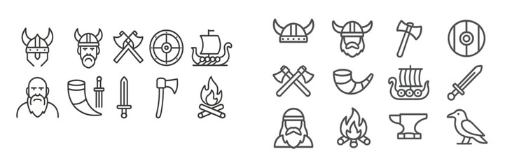 Set of diverse web icons representing Viking culture featuring helmets, ships, weapons, and mythological symbols