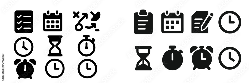 Poster collection of web icons featuring time management and scheduling elements for digital design
