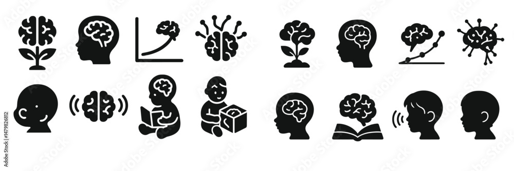 Poster Diverse set of web icons representing concepts of brain, learning, and health in a simplified design