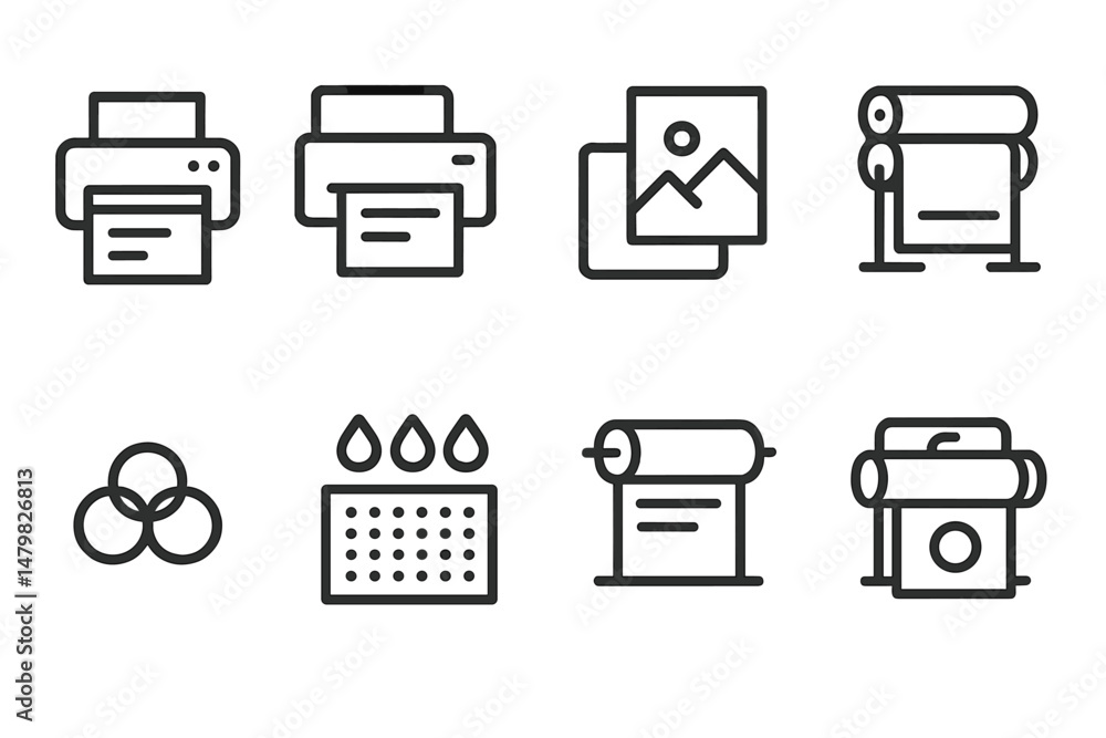 Poster web icons representing various printing and design functions for modern digital applications