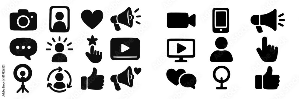 Poster Collection of black web icons representing various digital communication and media concepts for modern online interaction