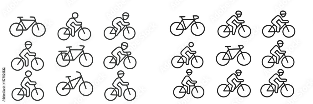 Poster Collection of web icons featuring cyclists in various poses and bike designs for use in digital projects