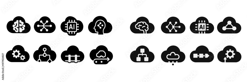 Poster set of web icons illustrating artificial intelligence, cloud computing, and technology concepts for 