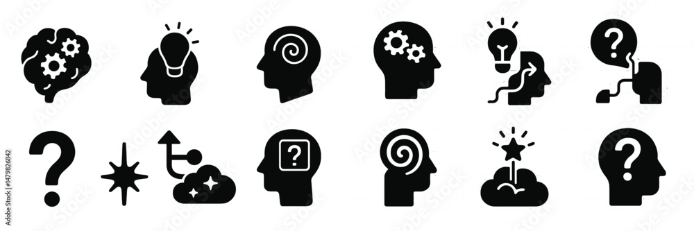 Poster Set of diverse web icons illustrating thinking, creativity, and problem-solving concepts in a minimalist design