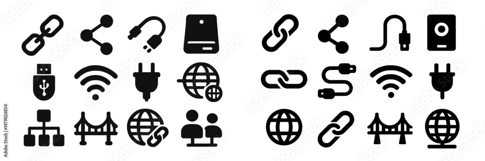 Poster collection of black web icons representing various digital connectivity and technology concepts for 
