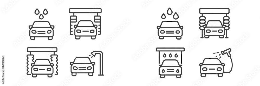 Poster collection of web icons depicting car wash services with various cleaning options and equipment repr