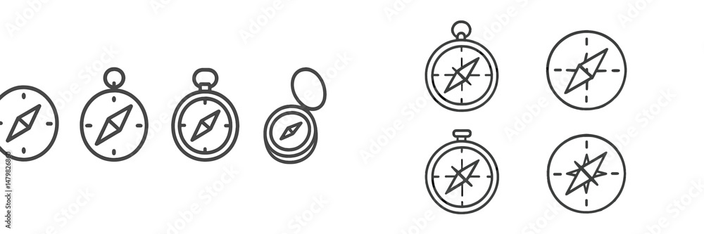 Poster set of minimalistic web icons representing compasses in various styles for navigation and direction 