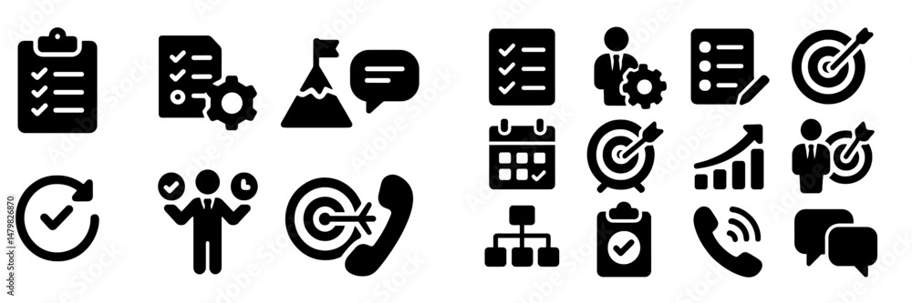 Poster collection of professional web icons for tasks, communication, and goal setting designed for modern 