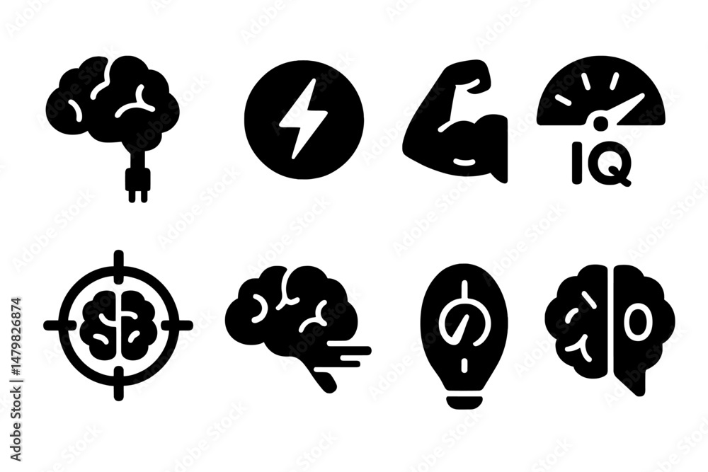 Poster Set of web icons representing intellect, strength, and energy in a minimalist design for digital applications